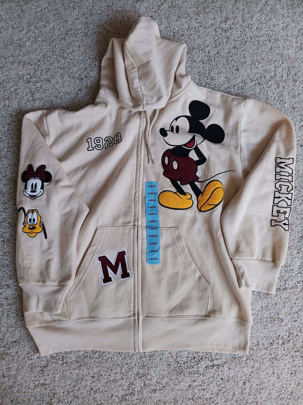 Disney Cream Zip Hoodie with Mickey Graphic and Character Patches